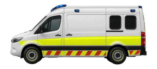 Ambulance with high-visibility markings and rear access doors