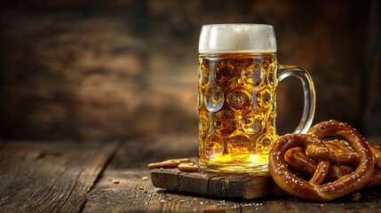 Mug of beer and pretzels are lying on a rustic wooden table with copy space. Perfect for brewery or oktoberfest promotion