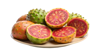 Close up of fresh prickly pear fruit, whole and sliced, on a plate