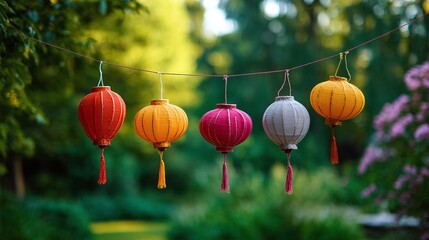 Colorful paper lanterns hanging in the garden for a Chinese New Year celebration, on a summer day, with a bokeh background and ample copy space