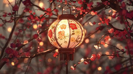 Celebrating Chinese New Year with decorative lanterns and blooming cherry blossoms at twilight