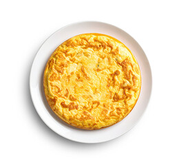 Spanish omelette with potatoes and onions, called tortilla española, resting on white plate with transparent background