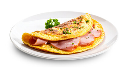 Delicious omelet with ham and parsley on white plate with transparent background
