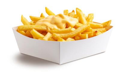 French fries with cheese sauce in a white carton box isolated on transparent background