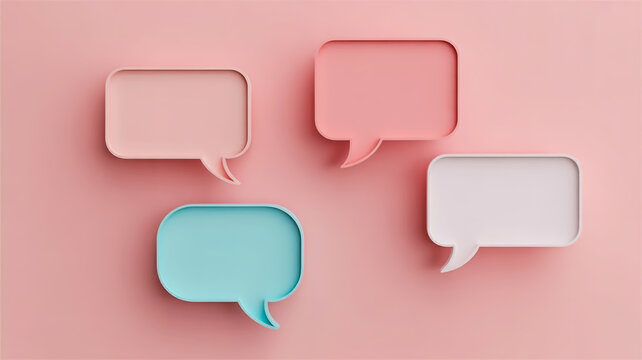 A minimalist 3D illustration of four speech bubbles on a pastel pink background