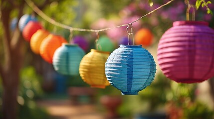 Colorful paper lanterns hanging in the garden for a Chinese New Year celebration, on a summer day, with a bokeh background and ample copy space