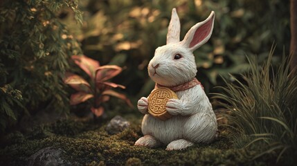 Chinese rabbit with mooncake sitting on grass