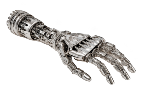 Shiny, metallic prosthetic arm with articulated fingers, futuristic design