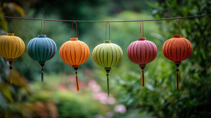 Colorful paper lanterns hanging in the garden for a Chinese New Year celebration, on a summer day, with a bokeh background and ample copy space