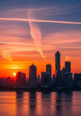 Fototapeta premium Stunning City Skyline at Sunset Reflection.