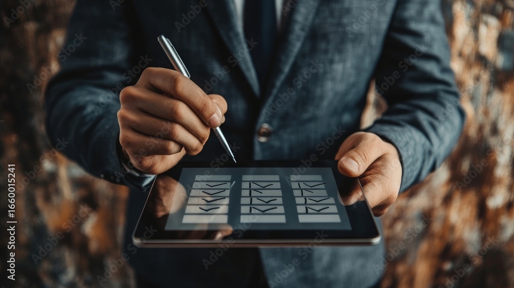 Poster checklist concept: businessman using tablet, checking mark on checkboxes.