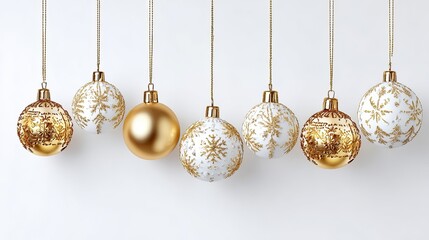 Elegant golden and white Christmas baubles with snowflake patterns hanging on festive decoration