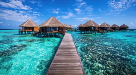 Turquoise water, overwater bungalows, wooden walkway, sunny sky