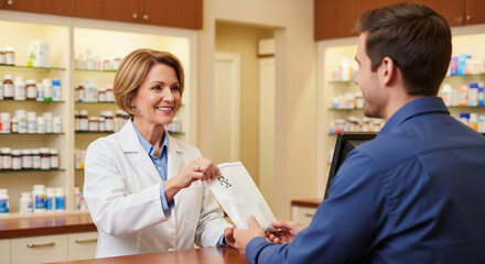 Professional Pharmacist Assisting Customer with Prescription Pickup at Pharmacy