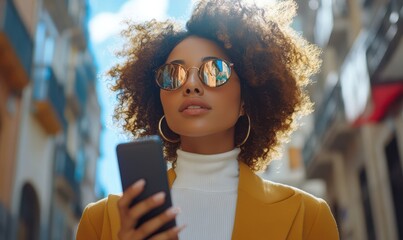 Beautiful, young businesswoman using a smartphone and enjoying in the city