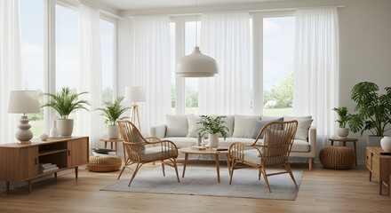 Bright, airy living room with natural light and modern rattan furniture