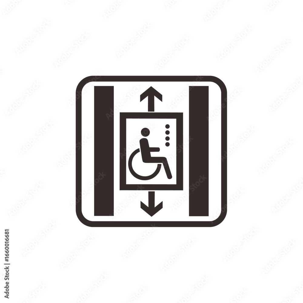 Poster a simple graphic depicting an elevator with accessibility for individuals using wheelchairs.
