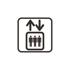 A simple, illustrative icon depicting an elevator with three people inside, and up and down arrows.