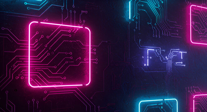 Futuristic cyberpunk wall with neon lights and circuit patterns