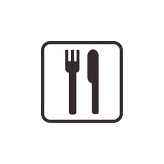 Simple black and white graphic of a fork and knife inside a square frame, indicating a dining area.