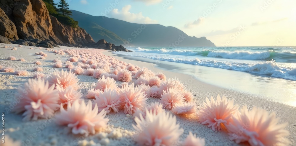 Wall mural surreal feather landscape thousands of delicate feathers blanket a secluded beach, creating a magica