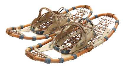 Pair of classic snowshoes, beige leather and woven wood frame, isolated