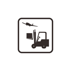 Icon depicting a forklift lifting a box with an airplane flying above, all enclosed in a rounded square.