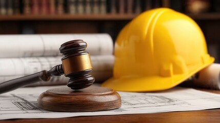 Construction Law and Building Regulations: Gavel, helmet and plans represent legal aspects of building projects and zoning laws. Legal compliance in building.