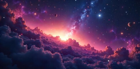 Fototapeta premium Vast, swirling nebulae paint a breathtaking cosmic landscape; countless planets, stars, and celestial bodies form a dense, awe-inspiring field across the infinite expanse of space , galaxy, nebula