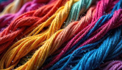 Intertwined Multicolored Threads A Captivating Close-up of Vibrant Textile Texture, Perfect for Craft and Design Projects Seeking Bold Artistry and Colorful Inspiration.