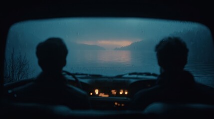 Friends sit inside a classic car, gazing at a tranquil lake under a dusky sky