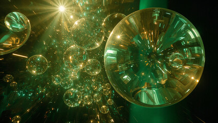Large glassy spheres with soft, shimmering reflections, floating in a deep dark green misty space.