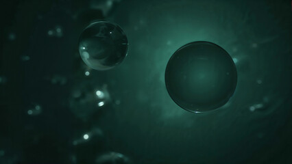 Fototapeta premium Large glassy spheres with soft, shimmering reflections, floating in a deep dark green misty space.