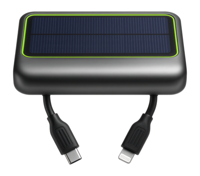 Sleek fast charger with integrated solar panel and dual charging cables