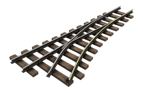 Curved turnout with an extended diverging route and wooden sleepers