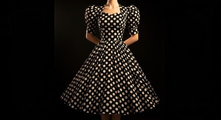 Fototapeta premium Elegant Black and White Polka Dot Dress on Model.