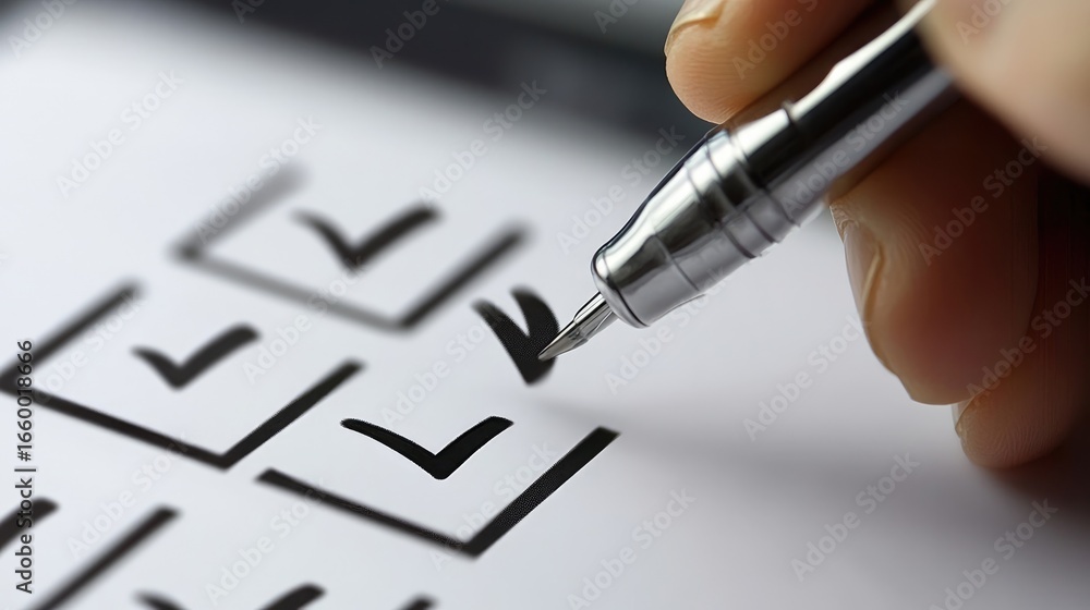 Poster checklist concept: person using laptop to check mark on checkboxes on virtual screen.