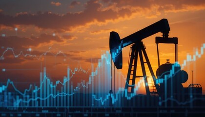 An oil pump silhouette and financial graph at sunset that illustrates market volatility and industry growth.