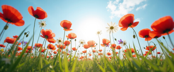 Fototapeta premium Red poppy flowers in a summer field create a beautiful landscape.