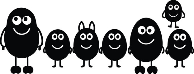 A Diverse Group of Happy, Black, Egg-Shaped Characters with Eyes and Smiles