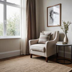 Fototapeta premium An elegant and serene living room corner featuring a comfortable beige armchair by a bright window, creating a perfect, peaceful reading nook for quiet relaxation. 