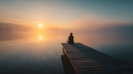 Solitary person meditating on a wooden pier over a misty lake at sunrise, enjoying a peaceful and tranquil moment in nature