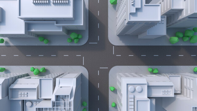 3D rendering of a futuristic city intersection in the metaverse