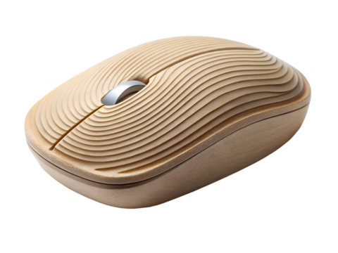 Wireless computer mouse with wooden texture isolated on transparent background, an ergonomic and stylish input device for comfortable and precise navigation