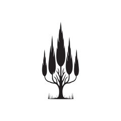 Black Color Cypress Tree Silhouette Vector Illustration, Solid White Background.