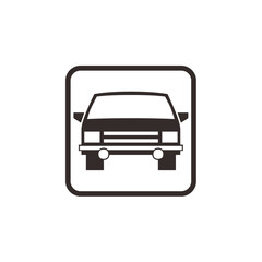 Simple black and white icon depicting a car, front view, within a square frame.