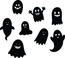 A Spooky Collection of Adorable Black Ghosts with Happy Faces on a White Background
