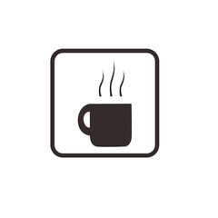 Simple icon depicting a steaming mug of coffee or tea within a square frame.