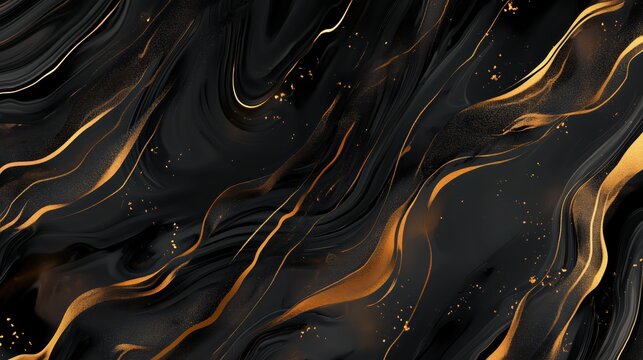 Black background made with alcohol ink with a marble effect. Liquid waves and spots. Black and gold abstract liquid painting. Black marble with gold veins.