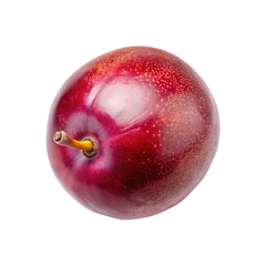 Obraz premium Macro photograph of a ripe plum with its stem against white backdrop